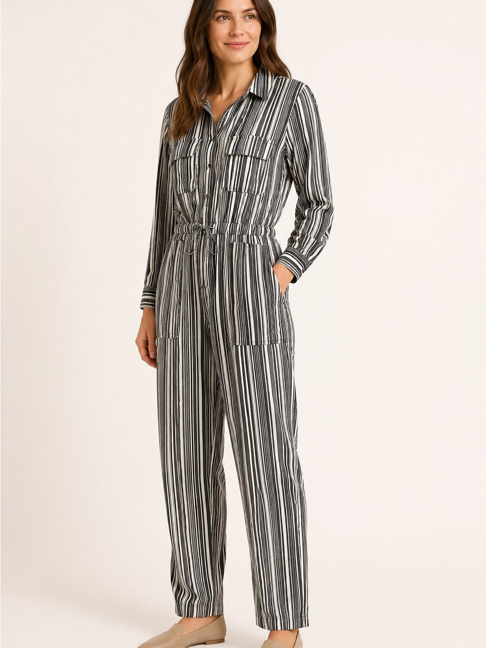Striped Long-Sleeve Utility Jumpsuit - Black & White